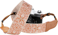 Padwa Lifestyle Camera Strap - 2" Cowhide Head Camera Straps for Photographers,Vintage Jacquard Embroidery Woven Cotton Adjustable Shoulder Neck Straps for Cameras,Binoculars (Khaki Yellow flower)