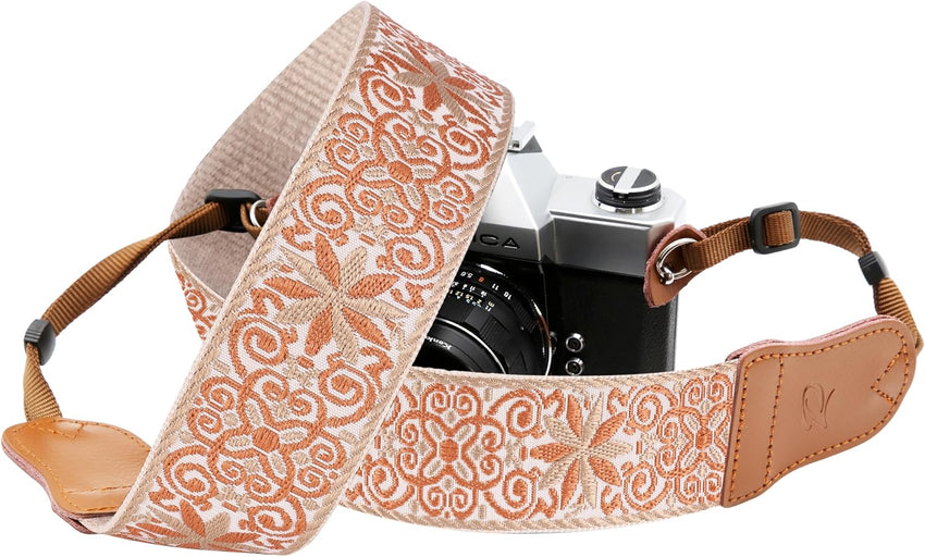 Padwa Lifestyle Camera Strap - 2" Cowhide Head Camera Straps for Photographers,Vintage Jacquard Embroidery Woven Cotton Adjustable Shoulder Neck Straps for Cameras,Binoculars (Khaki Yellow flower)