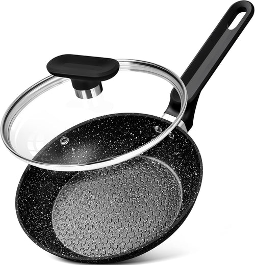 MICHELANGELO 20cm Small Frying Pan with Lid, Non Stick Frying Pan with Lid 20cm, Egg Frying Pan with Nonstick Stone Coating, Healthy & Non-Toxic Granite Frying Pan, Black