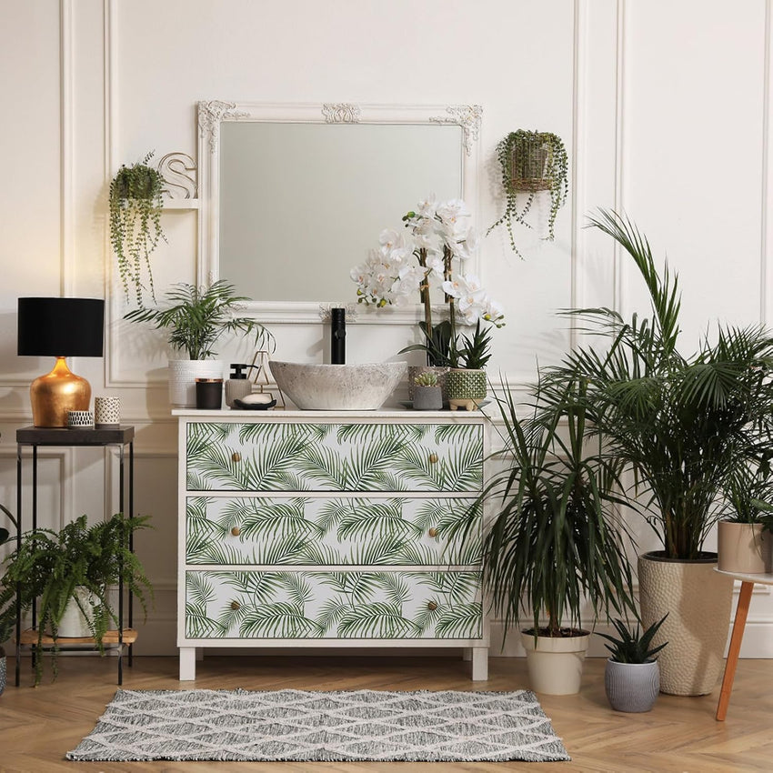 Hode Self Adhesive Wallpaper Green Leaf, Patterned Sticky Back Plastic Roll, Bathroom Kitchen Cupboard Worktop Vinyl Wrap for Furniture Table 90cmx6m