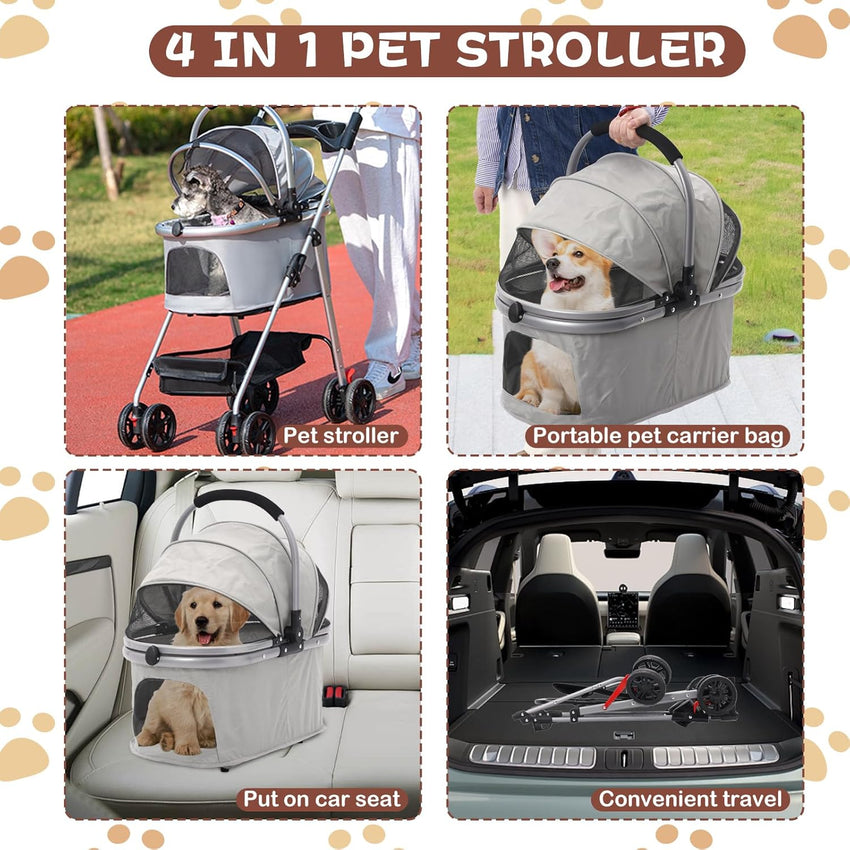 Pet Stroller 3-in-1 Foldable Dog Cat Stroller with Carrier, Storage Basket & Food Tray â Grey