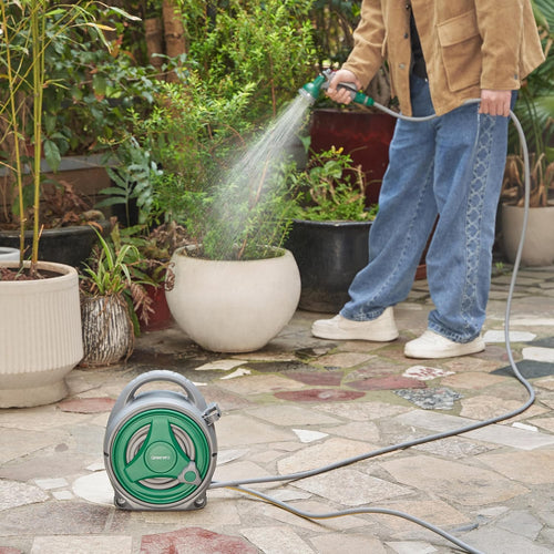 Garden Hose Reel 14M, 12m Water Pipe +2m Leader Hose, Hose Pipe Reel with 8 Adjustable Spray Gun Nozzles, Manual Retractable Garden Water Hose Reel,Outdoor Hose Reel Set for Garden Patios,Balconies