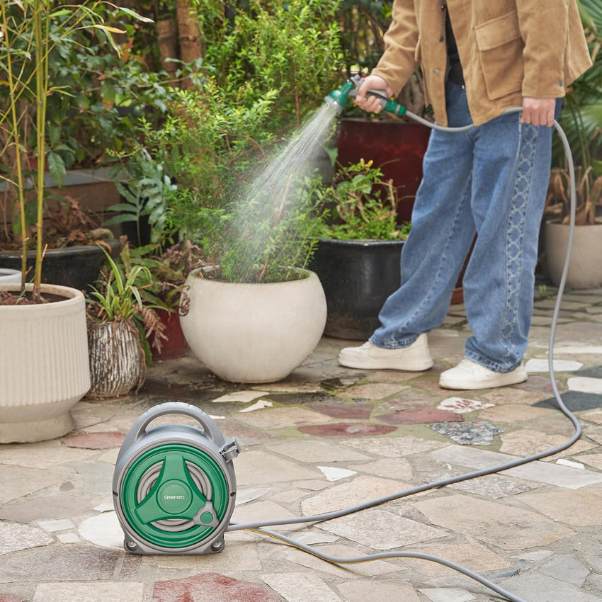 Garden Hose Reel 14M, 12m Water Pipe +2m Leader Hose, Hose Pipe Reel with 8 Adjustable Spray Gun Nozzles, Manual Retractable Garden Water Hose Reel,Outdoor Hose Reel Set for Garden Patios,Balconies
