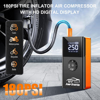 8000A Car Jump Starter with 180PSI Air Compressor 12V Smart Clamps LED Flashlight Portable Battery Booster Orange