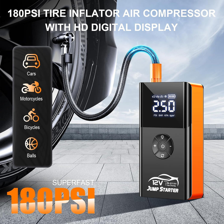 8000A Car Jump Starter with 180PSI Air Compressor 12V Smart Clamps LED Flashlight Portable Battery Booster Orange