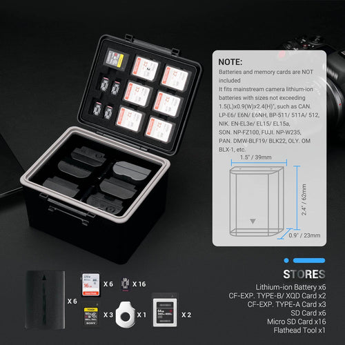 Camera Battery Case & Memory Card Holder for Canon LP-E6 Nikon EN-EL15 Sony NP-FZ100 â Black