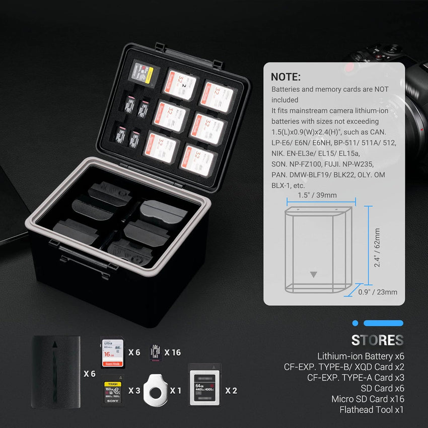 Camera Battery Case & Memory Card Holder for Canon LP-E6 Nikon EN-EL15 Sony NP-FZ100 â Black