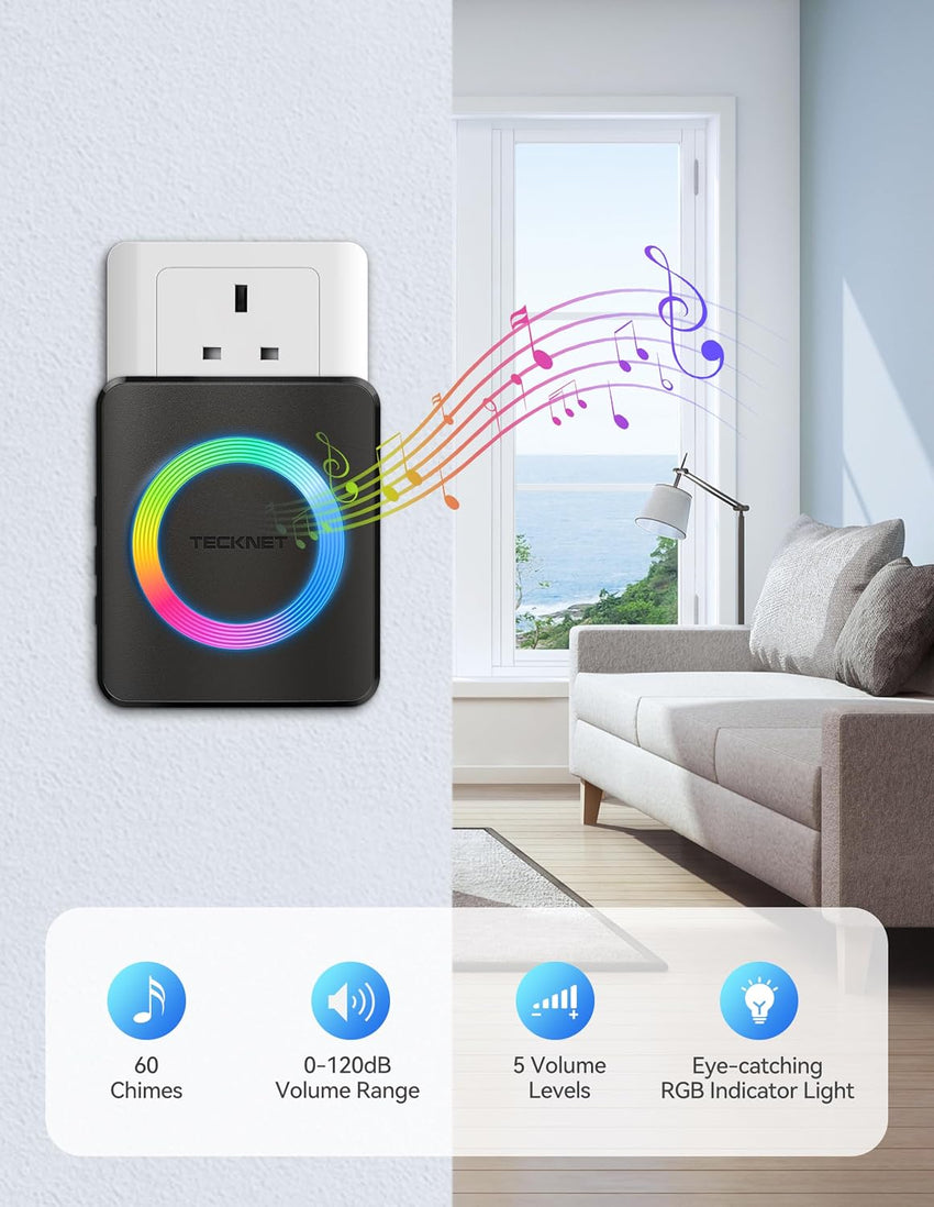 TECKNET Wireless Doorbell 3 Receivers, Door Chime Kit with RGB Light, 400 M/1300 ft Wireless Range, IP65 Waterproof Door bell, 60 Chimes & 5 Level Volume Plug in Receiver for Home, School,Office,Black