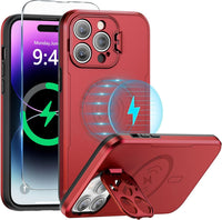 abitku Magnetic Case for iPhone 15 Pro Max, with Camera Protector Kickstand Cover (Compatible with MagSafe & Car Holder), with Screen Protection Shockproof Phone Case for Men Women (Red)