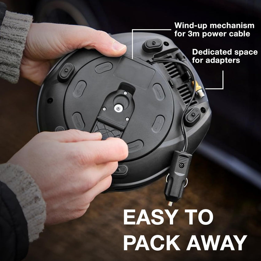 Ring Automotive RTC450 Digital Tyre Inflator with Auto Shut-off, Memory, LED Light, Backlit Display and Adapter Kit, New Model 2022 Ring, Black/Grey/Yellow