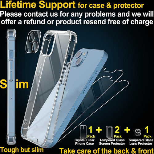 4youquality (4-in-1 Case for iPhone 13 with [2-Pack Tempered Glass Screen Protectors + 1-Pack Camera Lens Protector], Airbag Drop Protection, Transparent Clear Bumper Phone