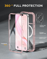 Miracase Magnetic Case for iPhone 16 Pro Case 6.3-Inch, Full Body Bumper Case Compatible with MagSafe and Built-in 9H Tempered Glass Screen Protector + Camera Lens Protector (Clear Pink)