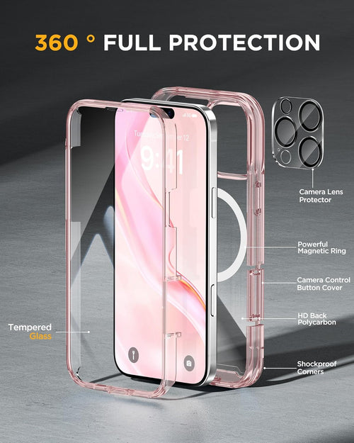 Miracase Magnetic Case for iPhone 16 Pro Case 6.3-Inch, Full Body Bumper Case Compatible with MagSafe and Built-in 9H Tempered Glass Screen Protector + Camera Lens Protector (Clear Pink)
