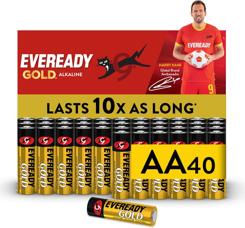 Eveready Gold by Energizer - AA Battery (40 Pack) - Bulk Double A Batteries - 1.5V Alkaline - Reliable Power For Every Day Devices - 100% Recyclable Plastic Free Packaging - 10 Year Shelf Life