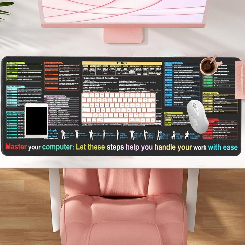 Keyboard Shortcut Mat - Black Oversize Desk Mouse Pad 40x90 Cm, Non-Slip, Dirt Resistant Computer Mat | Smooth Accessory Shortcut Guide for Coding Study Office Room Home Setup