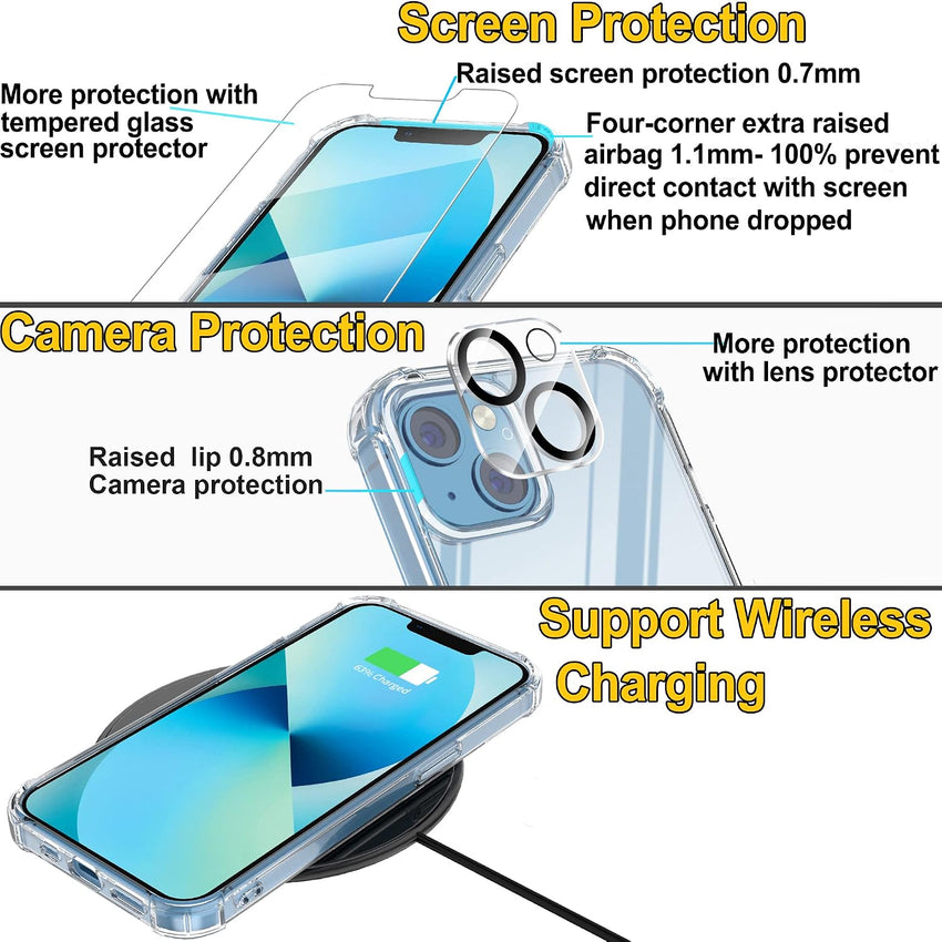 4youquality (4-in-1 Case for iPhone 13 with [2-Pack Tempered Glass Screen Protectors + 1-Pack Camera Lens Protector], Airbag Drop Protection, Transparent Clear Bumper Phone