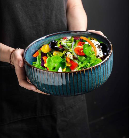 Large Salad Bowl, 1800ml Large Bowl Porcelain Fruit Serving Bowls, Stylish Blue Bowl Handmade Round Soup Bowl,Bowl for Soup,Salad,Cereal,Ramen(21cm/63oz)