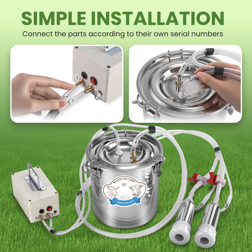 NEWTRY 2 in 1 Electric Milking Machine Kit for Goats & Cows - Portable Vacuum Pump Goat Milker with 4 Teat Cups 1 Food Grade Milk Bucket for Effortless Household Milking (7L,Battery-Powered)