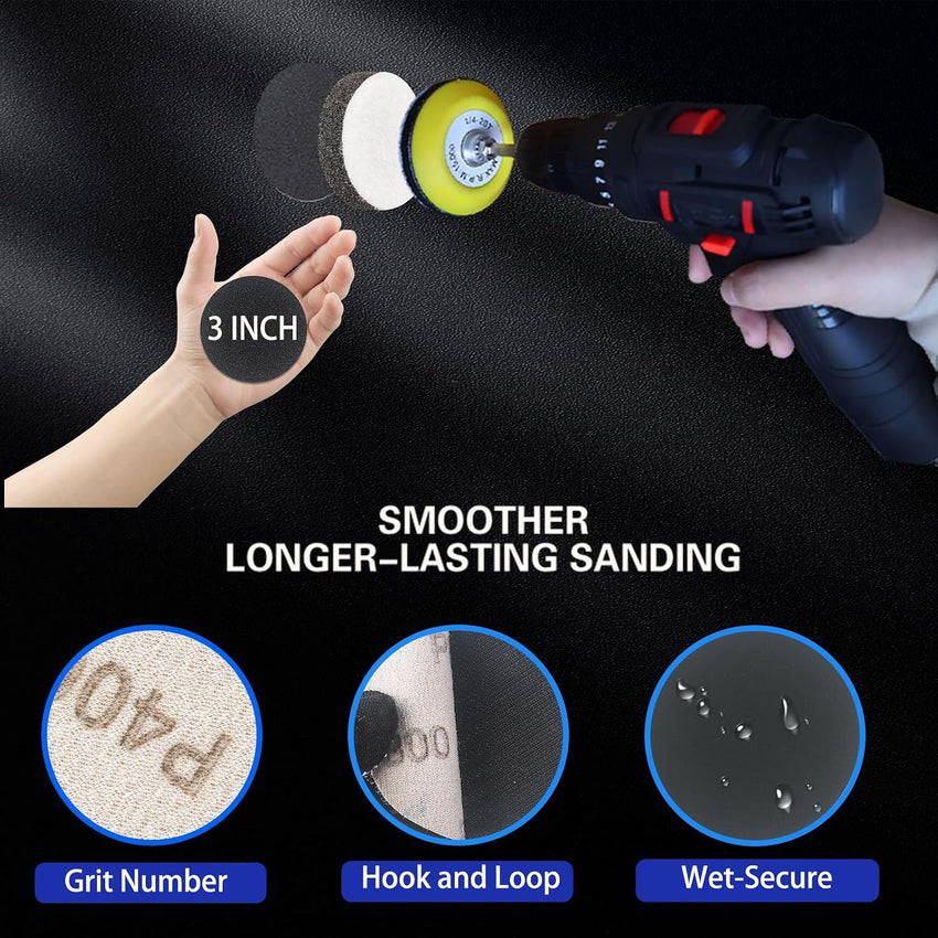 Pomsare 133pcs Sanding Discs Car Polishing Pads Kit for Drill, 75mm Wet and Dry Sandpaper 60-10000 Grits, Car Headlight Restoration Kit, Drill Sanding Attachments Buffing Pads for Auto, Wood and Metal