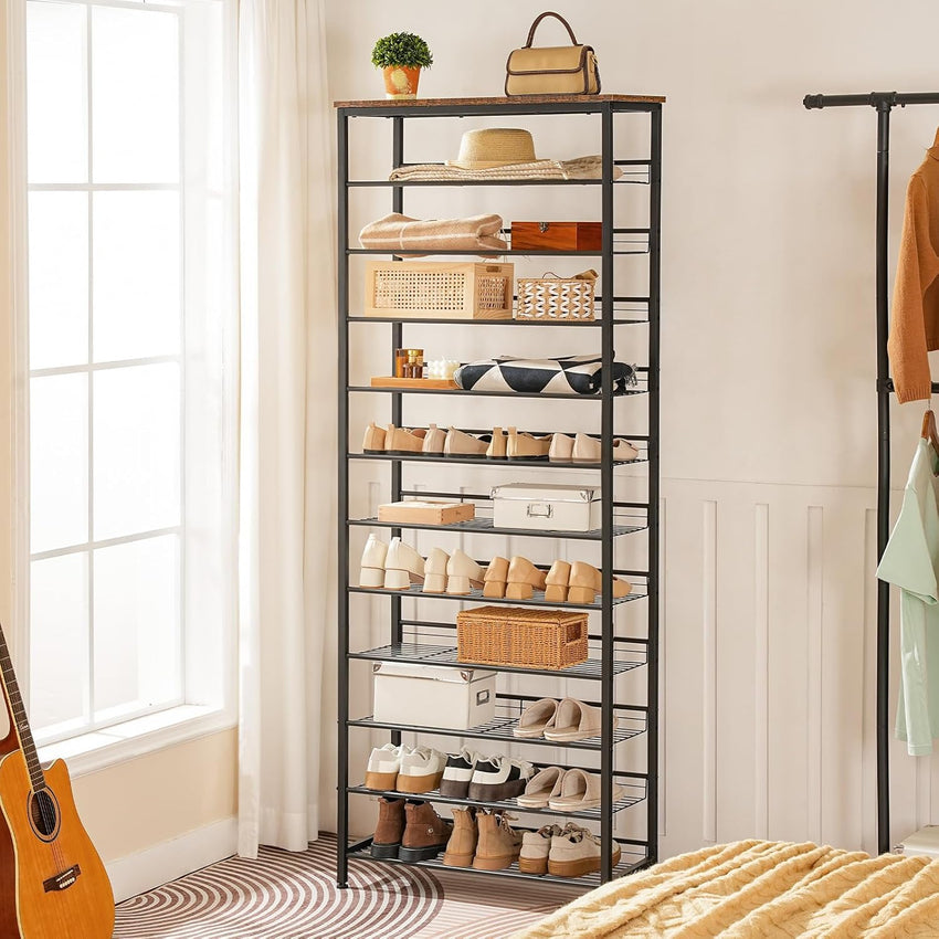 HOOBRO Shoe Rack Tall, Large Capacity Shoe Storage Organizer, 12-Tier Shoe Rack for 44-55 Pairs of Shoes, 75 x 28.5 x 194.5cm, Adjustable Metal Shelves, Shoe Storage Unit, Rustic Brown EBF51XJ01