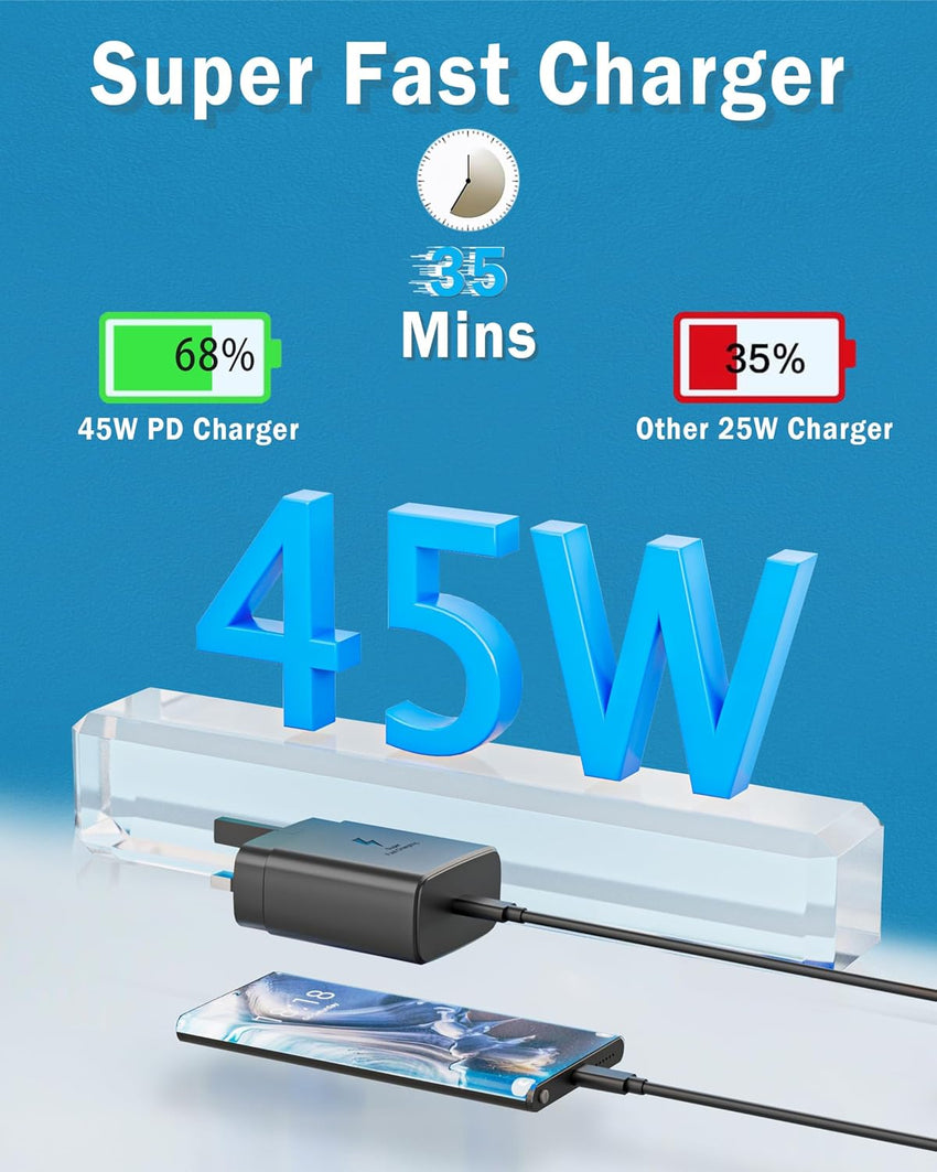 Samsung Fast Charger,45W USB C fast charger plug and cable For GalaxyS25, S24, S23, S22, S21,S20,S25 Ultra,S24 Ultra,S23 Ultra,S22 Ultra, S21 Ultra,A55 A54 A34 A15,Z Fold5/ Flip5
