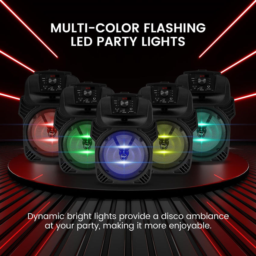 Pyle, Portable Dj Speaker System 400W, Bluetooth Pa Loudspeaker - 8" Subwoofer, USB/MP3/FM Radio/Mic Inputs, LED Lights, Rechargeable Battery w/Remote Control
