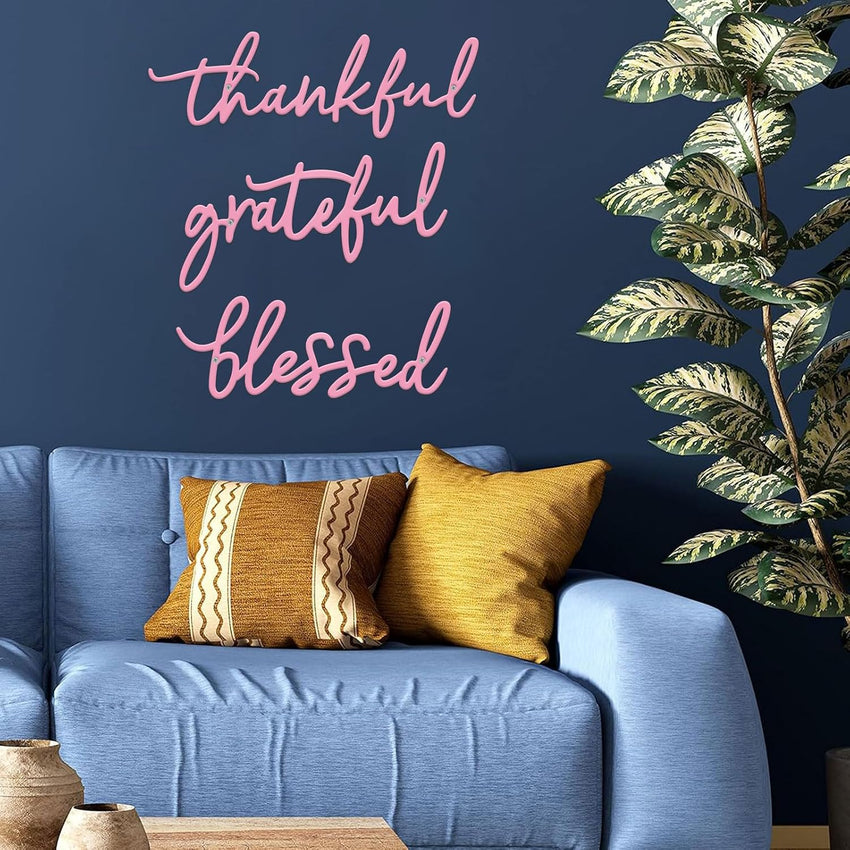Metal Wall Sign Thankful Grateful Blessed 3-Piece Pink