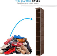 Premium 10-Shelf Hanging Shoe Storage Organiser With Side Mesh Pockets- Superior Tear Proof Fabric, Hanging Shoe Shelves With 2 Hooks- Collapsible Wardrobe Storage Closet Organiser for Shoes & Clothes