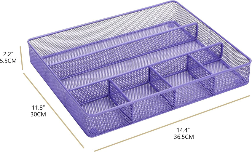 Annova Desk Drawer Organizer/Storage Tray - Metal Mesh with Dividers for Pens, Desktop Accessories, Bathroom, Kitchen, Makeup and Office Supplies (Purple)