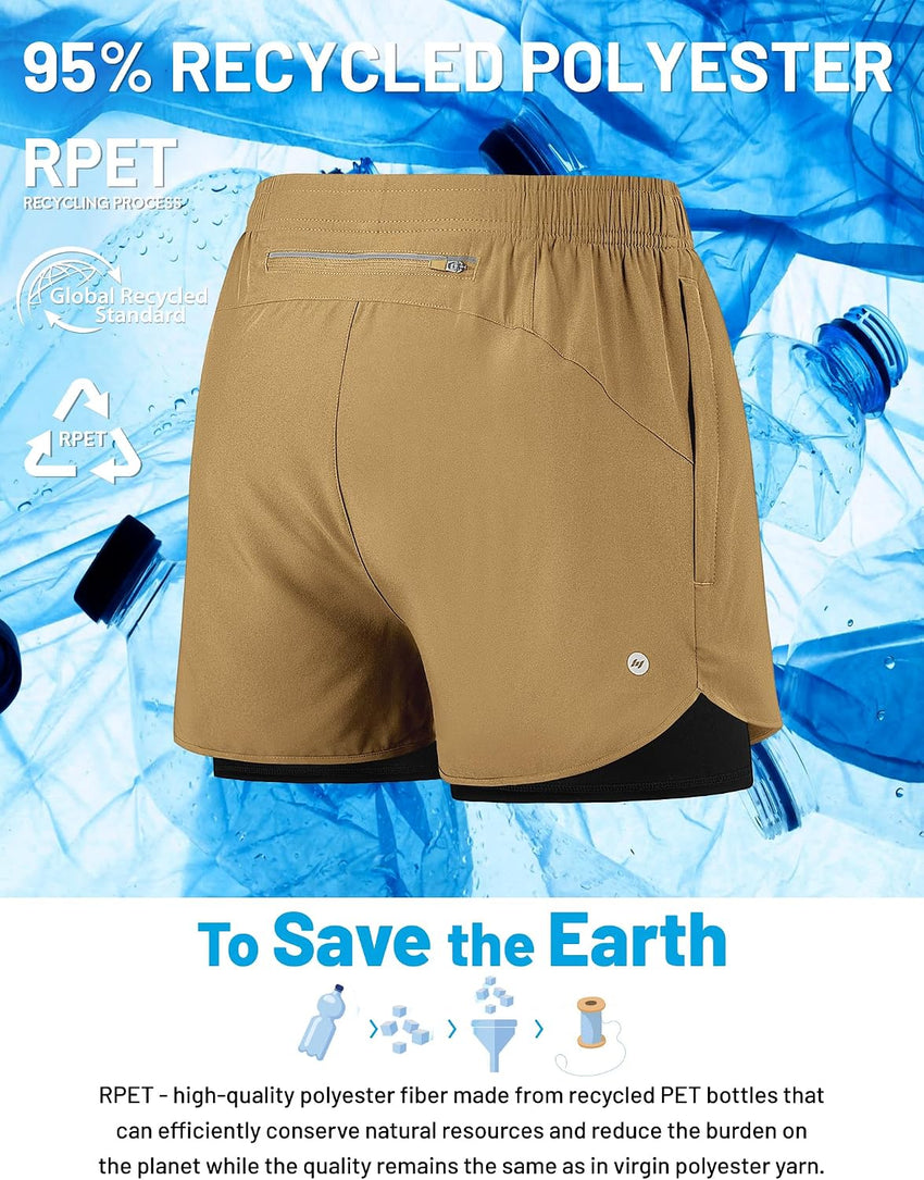 2-in-1 Men's Running Shorts 5in Quick-Dry Compression Liner Pockets 3 inch Khaki 3XL