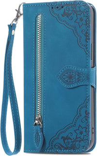 NEXCURIO Zip Wallet Case Compatible with Samsung Galaxy S23 Ultra 5G Phone Case Wallet with Credit Card Holder Strap Stand Women Leather Flip Case Floral Folding Cover Shockproof - Blue