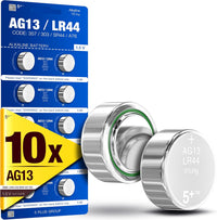 5Plus 10-Pack LR44 AG13 357 303 SR44 A76 675 392 394 384 376 1.5V Alkaline Button Cell Batteries - Ideal for Watches, Hearing Aids, Glucometers, Key Fobs, Car Keys, and Small Electronics