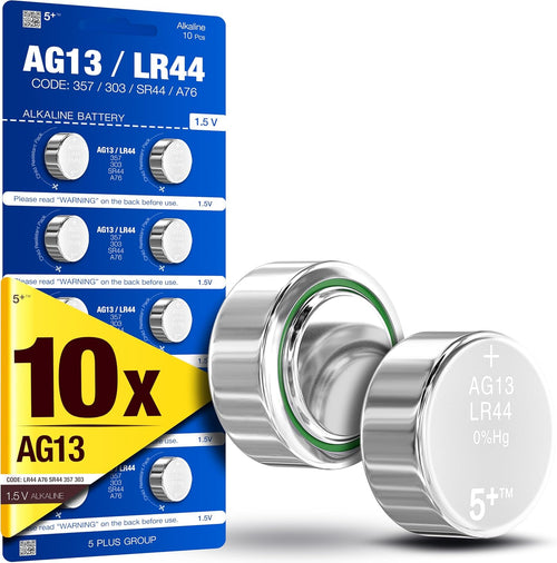 5Plus 10-Pack LR44 AG13 357 303 SR44 A76 675 392 394 384 376 1.5V Alkaline Button Cell Batteries - Ideal for Watches, Hearing Aids, Glucometers, Key Fobs, Car Keys, and Small Electronics