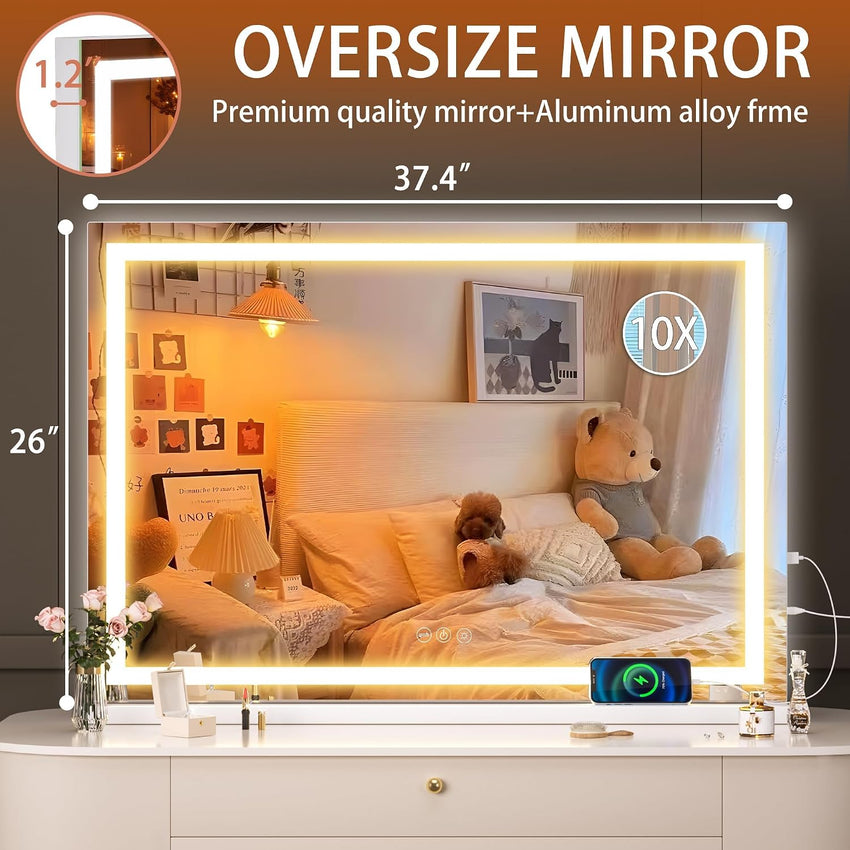 Hasipu Vanity Mirror with Lights, 95 x 65cm LED Makeup Mirror, Lighted Makeup Mirrors with Dimmable 3 Modes, Touch Screen Control Vanity Mirrors Square White