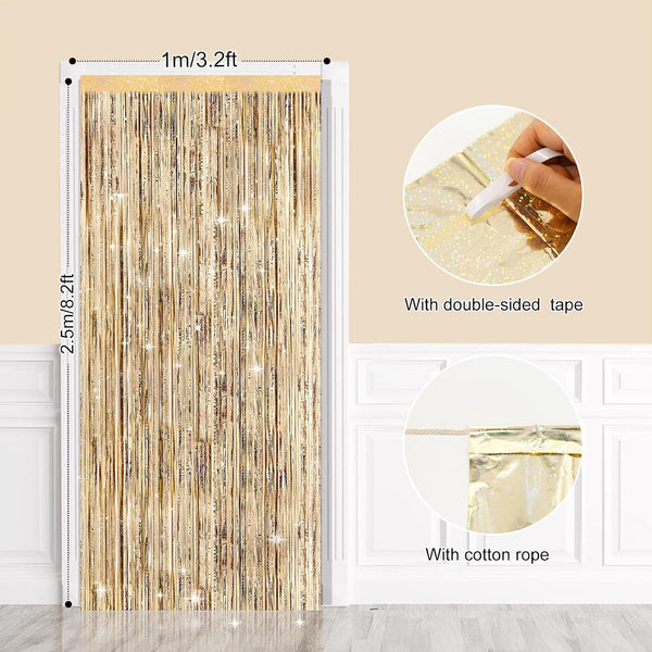 G2PLUS Champagne Gold Glitter Foil Curtains, 2PCS Metallic Tinsel Foil Fringe, 1mÃ2.5m Party Backdrop Streamers for Birthday Wedding Prom Decoration