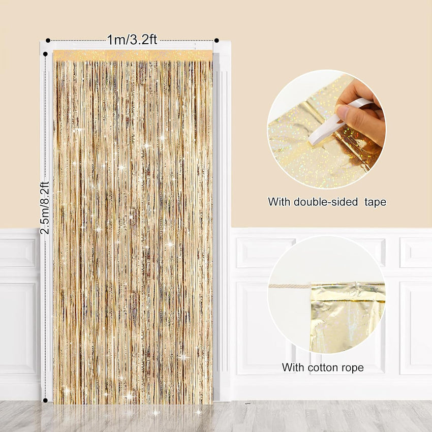G2PLUS Champagne Gold Glitter Foil Curtains, 2PCS Metallic Tinsel Foil Fringe, 1mÃ2.5m Party Backdrop Streamers for Birthday Wedding Prom Decoration