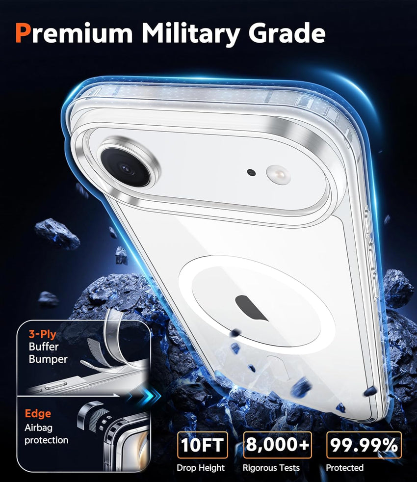 FNTCASE for iPhone Air Case: Clear Anti Yellowing Magnetic Military Grade Drop Protection Cell Phone Cover - Rugged Shockproof Protective Bumper Transparent Phonecase