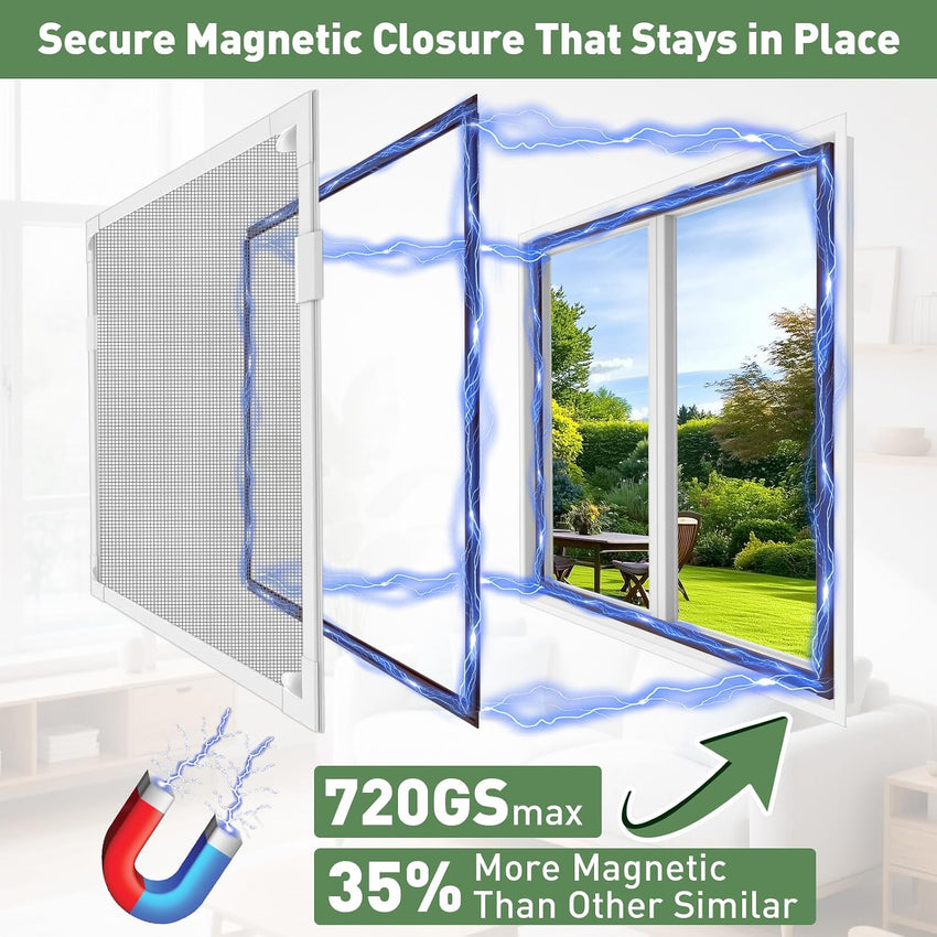 OWYR Adjustable Magnetic Fly Screen Window - DIY Fit Up to 120x130cm, Fiberglass Insect Mesh for Mosquito Net & Bug Screen, Full Frame Magnetic Strip Easy Installation (White Frame Grey Net)