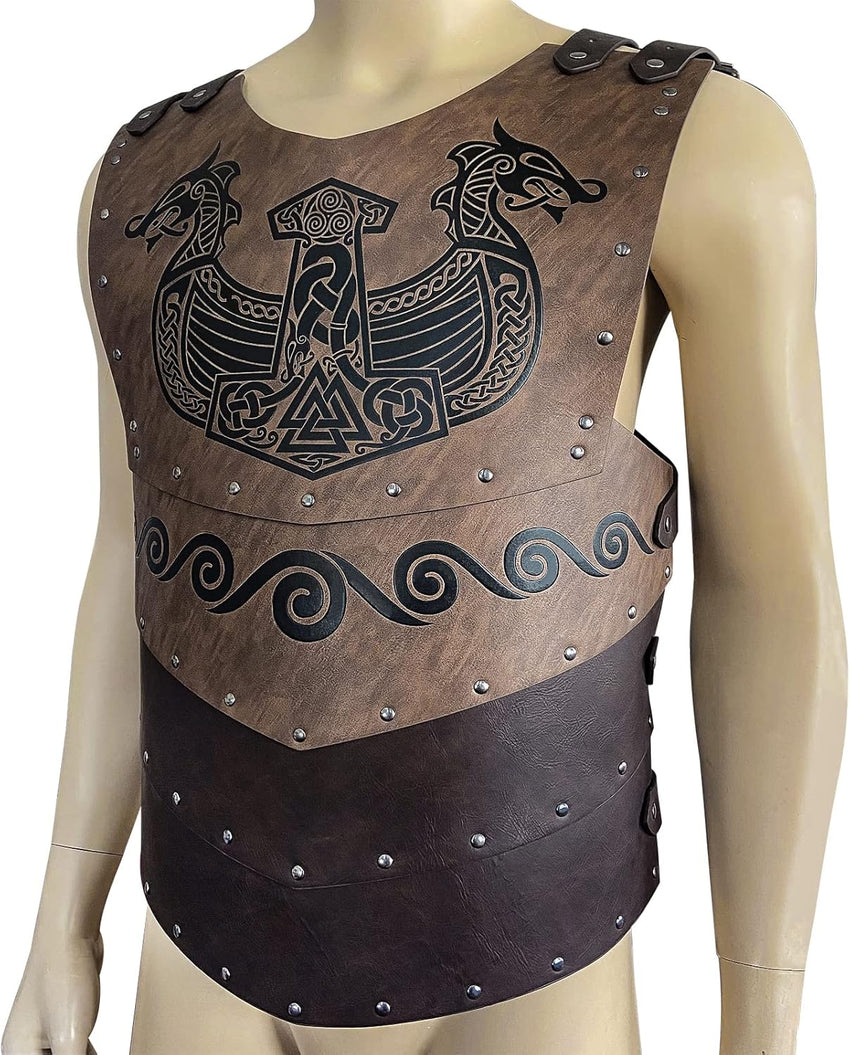 Viking faux leather embossed long chest protector LARP cosplay armor Ã¢ÂÂ Brown B