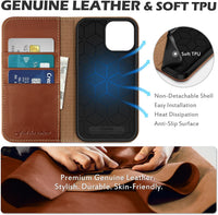 SHIELDON Wallet Case for iPhone 13 Pro Max 5G, Genuine Leather Folio Case [Magnetic][Shock Absorbing][RFID Blocking][Credit Card Slots][Kickstand] Compatible with iPhone 13 Pro Max 6.7", Retro Brown