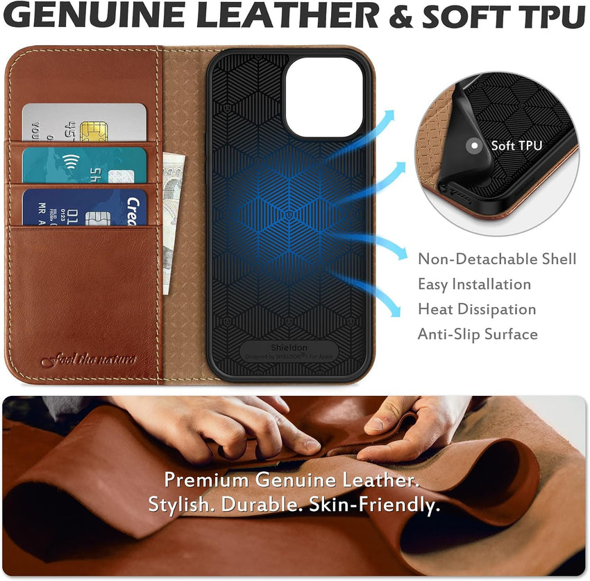 SHIELDON Wallet Case for iPhone 13 Pro Max 5G, Genuine Leather Folio Case [Magnetic][Shock Absorbing][RFID Blocking][Credit Card Slots][Kickstand] Compatible with iPhone 13 Pro Max 6.7", Retro Brown