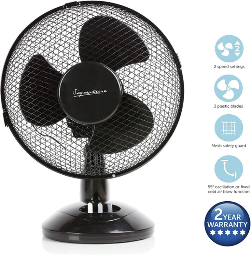 Signature 9â 2 Speed Desk Fan with Oscillation, Adjustable Tilt, Black, S40008B