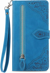 NEXCURIO Zip Wallet Case Compatible with Samsung Galaxy S23 Ultra 5G Phone Case Wallet with Credit Card Holder Strap Stand Women Leather Flip Case Floral Folding Cover Shockproof - Blue