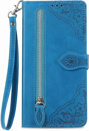 NEXCURIO Zip Wallet Case Compatible with Samsung Galaxy S23 Ultra 5G Phone Case Wallet with Credit Card Holder Strap Stand Women Leather Flip Case Floral Folding Cover Shockproof - Blue