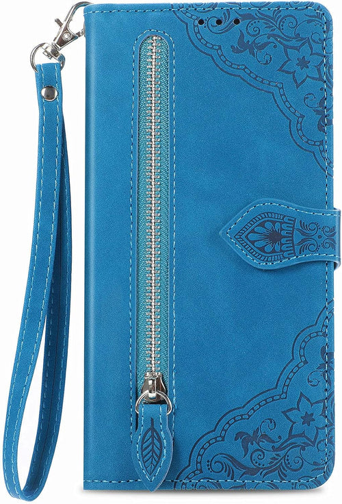 NEXCURIO Zip Wallet Case Compatible with Samsung Galaxy S23 Ultra 5G Phone Case Wallet with Credit Card Holder Strap Stand Women Leather Flip Case Floral Folding Cover Shockproof - Blue