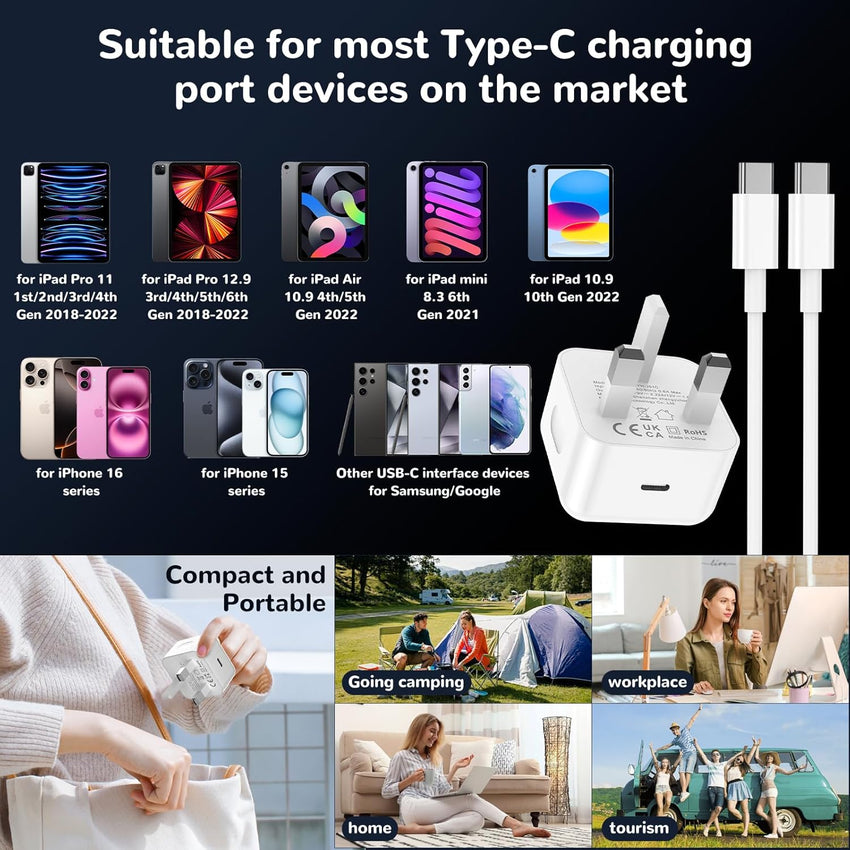 for iPhone 17 16 15 Fast Charger, USB C Charger Plug 2Pack 20W with 6FT USB C to C Cable for iPhone 17/17 Air/16/15 Plus/15 Pro/15 Pro Max, for iPad Pro/Air/Mini-USB C to C Charging