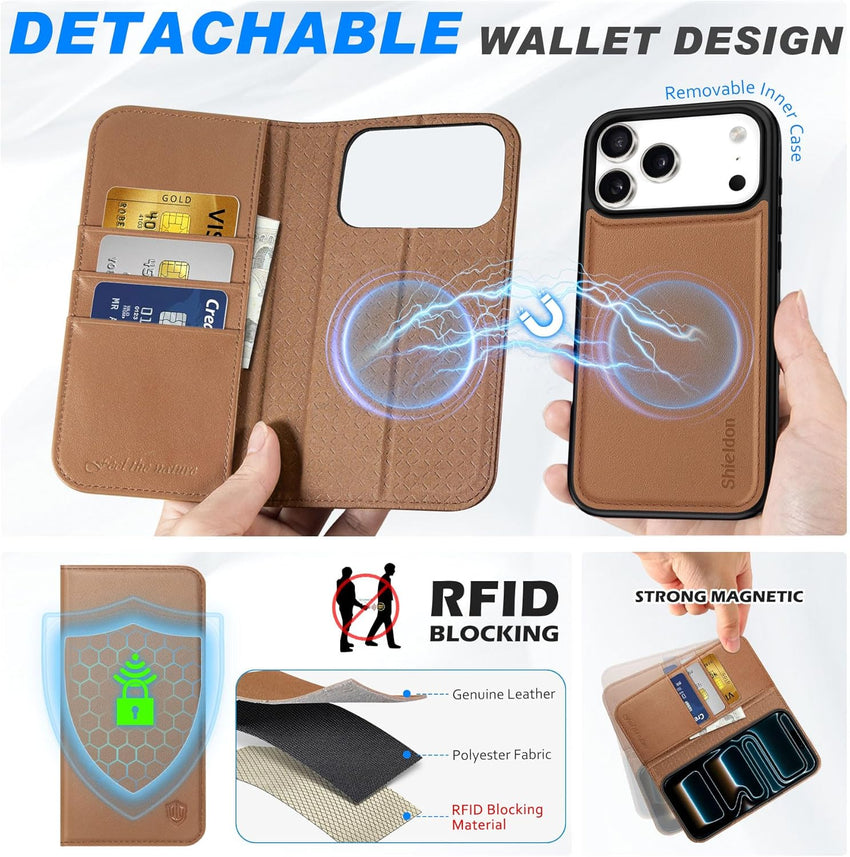 Detachable Wallet Case Genuine Leather for iPhone 17 Pro Max 6.9-inch â Saddle Brown
