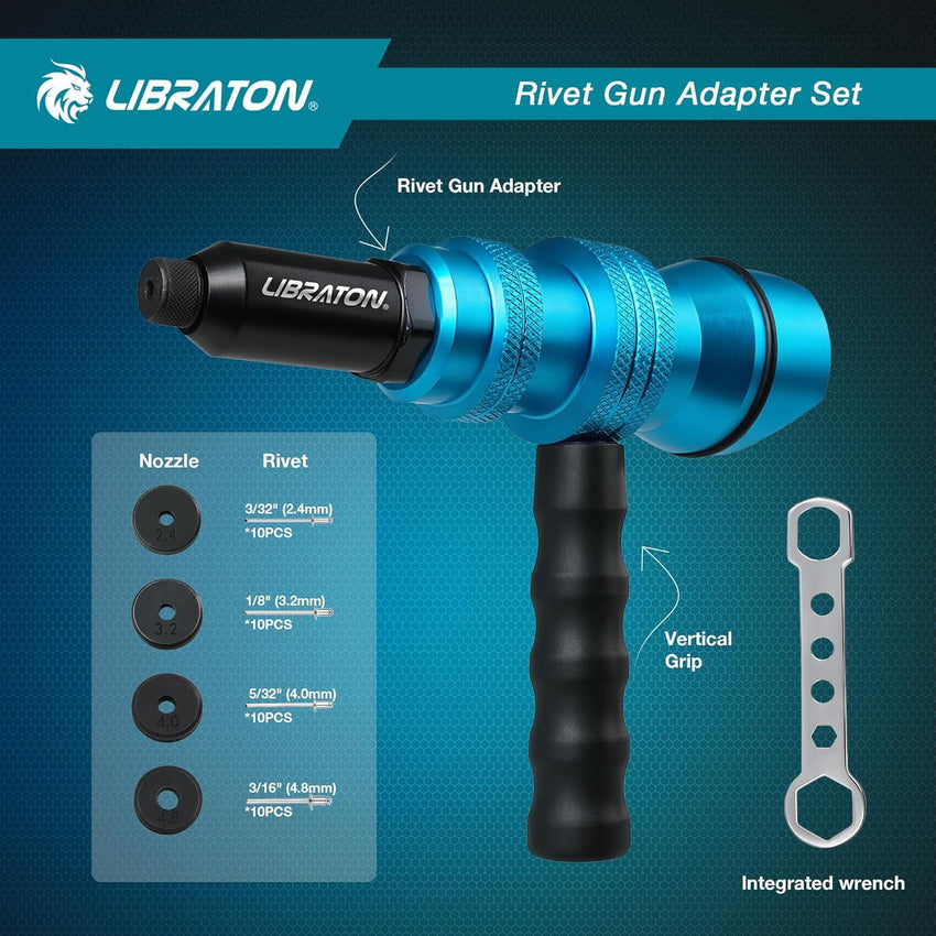Libraton Rivet Gun Adapter for Electric Drill with Handle for Pop Rivets 2.4mm-4.8mm Black
