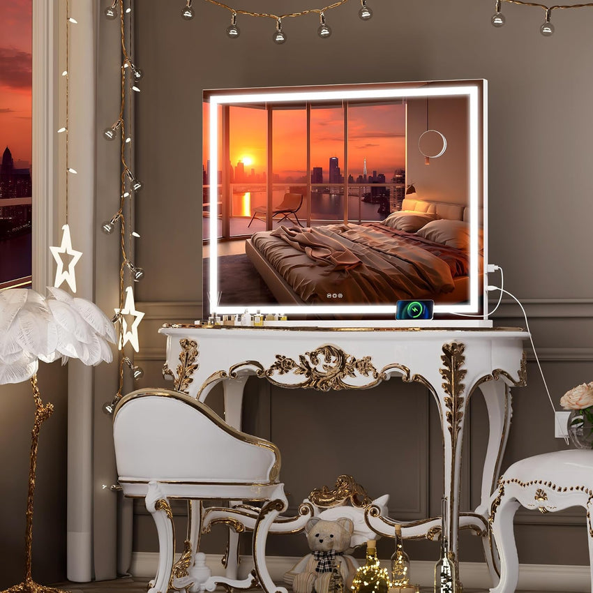 Hasipu Vanity Mirror with Lights, 95 x 65cm LED Makeup Mirror, Lighted Makeup Mirrors with Dimmable 3 Modes, Touch Screen Control Vanity Mirrors Square White