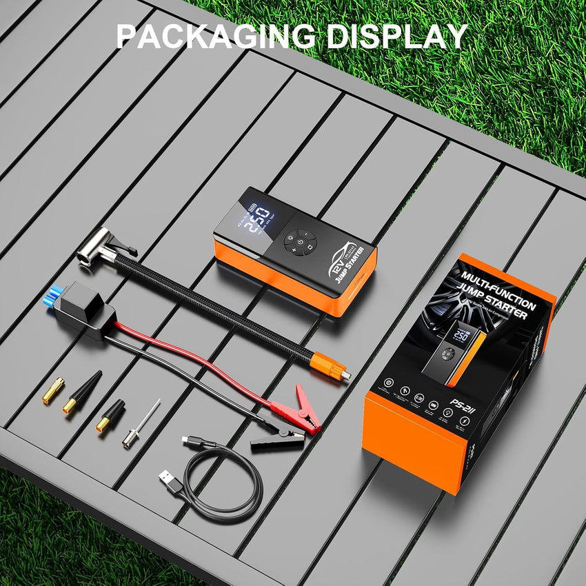 8000A Car Jump Starter with 180PSI Air Compressor 12V Smart Clamps LED Flashlight Portable Battery Booster Orange